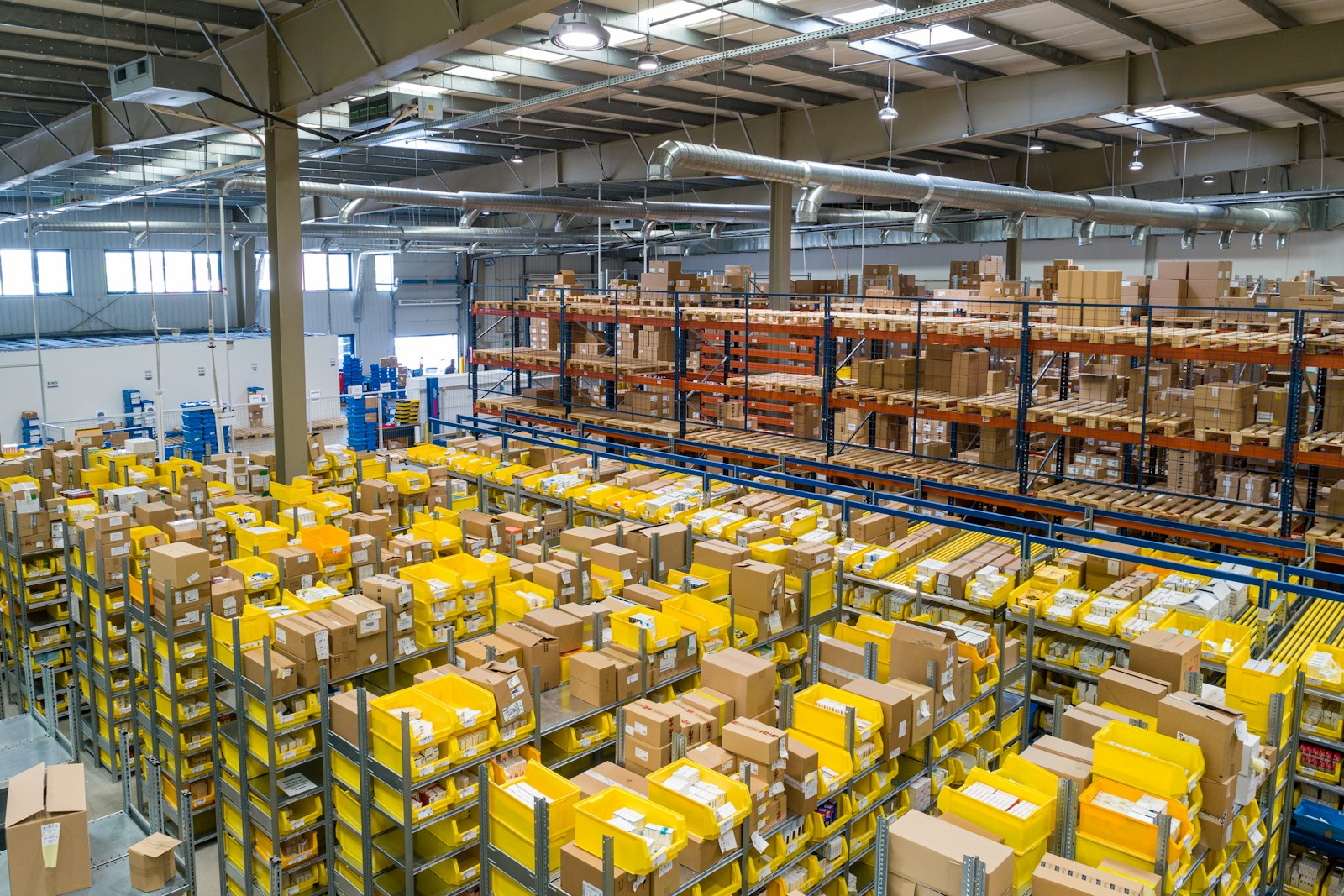Warehouse aisle with cartons ready for outbound logistics