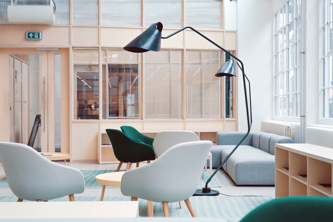 Bright workspace with seating and natural light